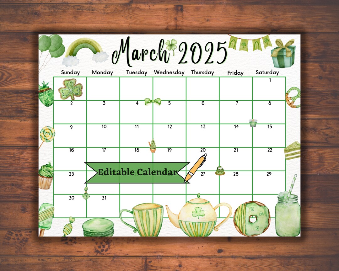 Editable Fillable March 2025 Calendar for St. Patrick's Day, Printable
