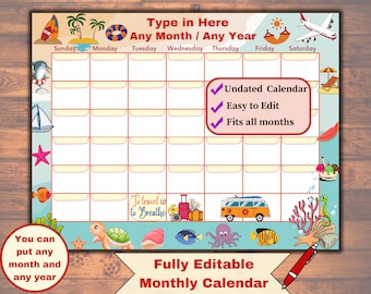 Fully Editable Undated Monthly Calendar for vacation & summer, Fillable Blank Planner, Printable Template agenda, Easy to edit, Digital PDF