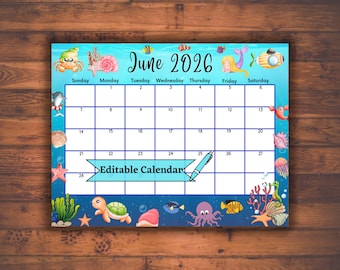 Editable Fillable June 2026 Calendar for Relaxing Summer: Digital Printable Monthly Classroom Planner with Ocean Design