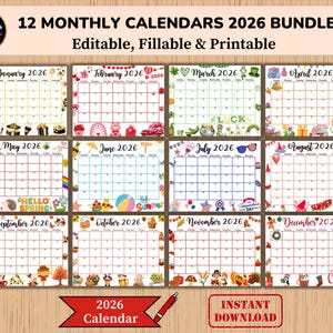 Editable Fillable Monthly Calendar 2026 Bundle from January to December, Kid Printable Classroom Planner, Teacher School agenda, Digital PDF