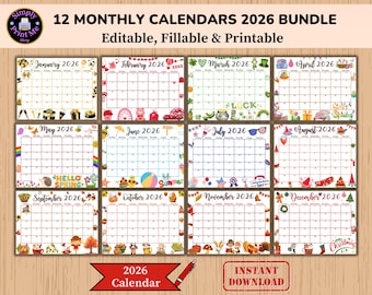 Editable Fillable Monthly Calendar 2026 Bundle from January to December, Kid Printable Classroom Planner, Teacher School agenda, Digital PDF