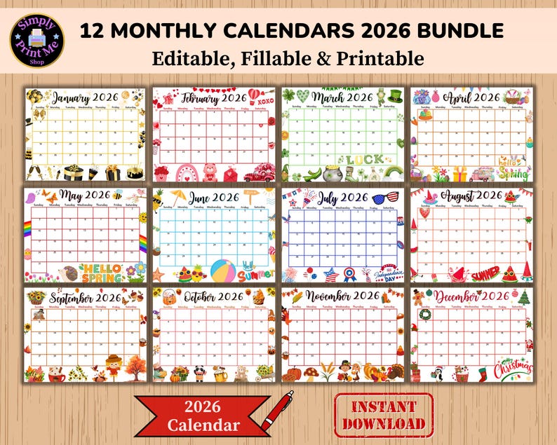 Editable Fillable Monthly Calendar 2026 Bundle From January to December ...