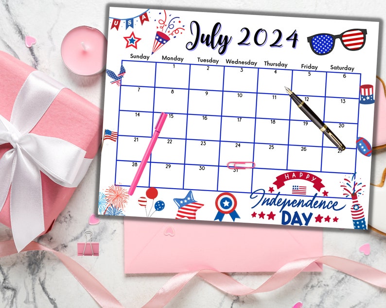 Buy Editable Fillable July 2024 Calendar for Happy 4th July