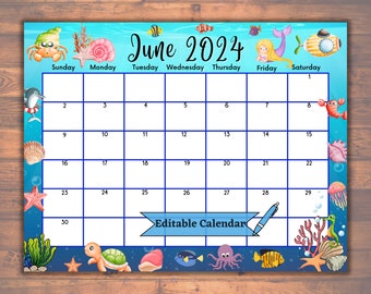 Editable Fillable June 2024 Calendar for Relaxing Summer with Cute Sea creatures, Printable Monthly Classroom Planner, Lovely Ocean Design