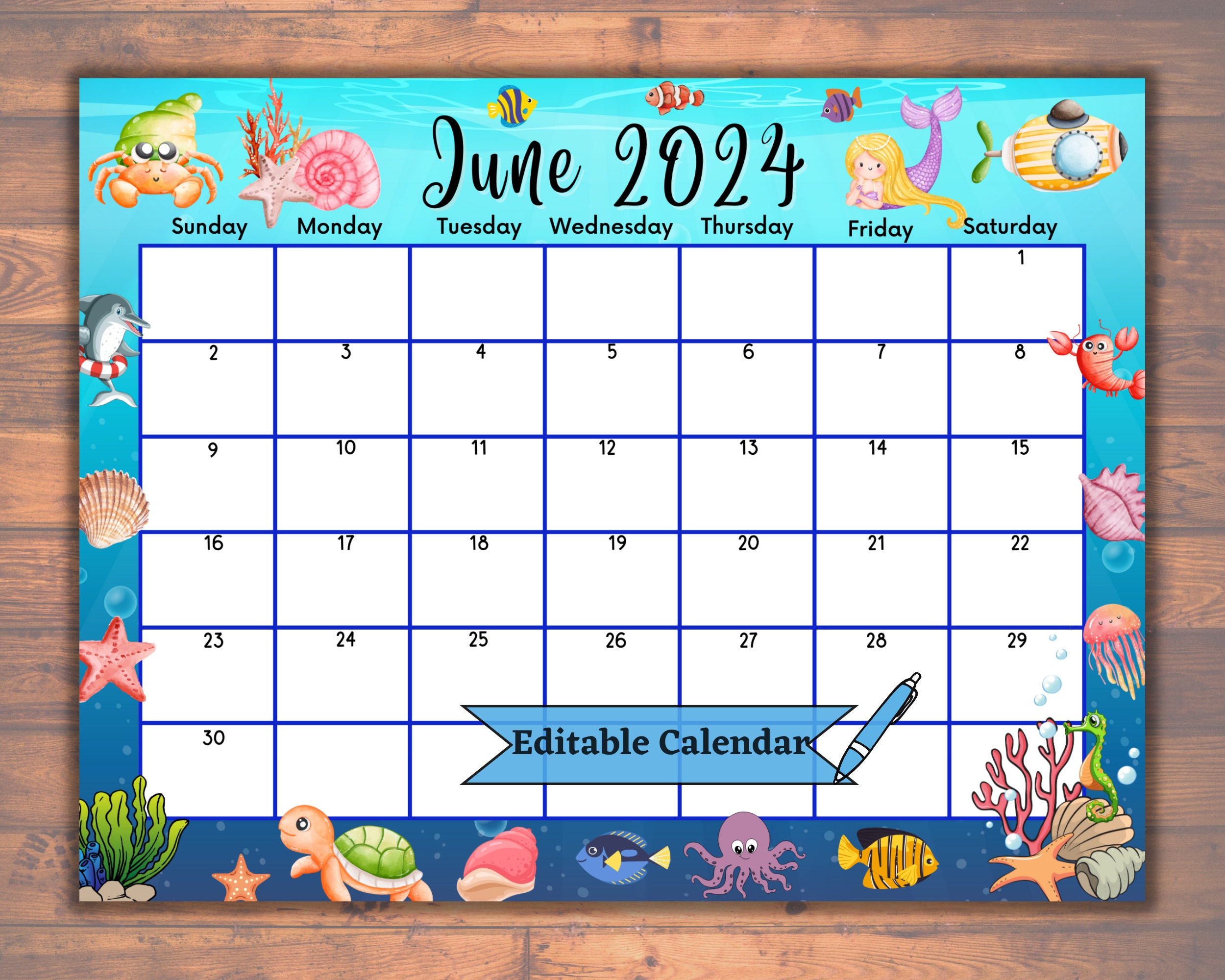 Editable Fillable June 2024 Calendar for Relaxing Summer With Cute Sea