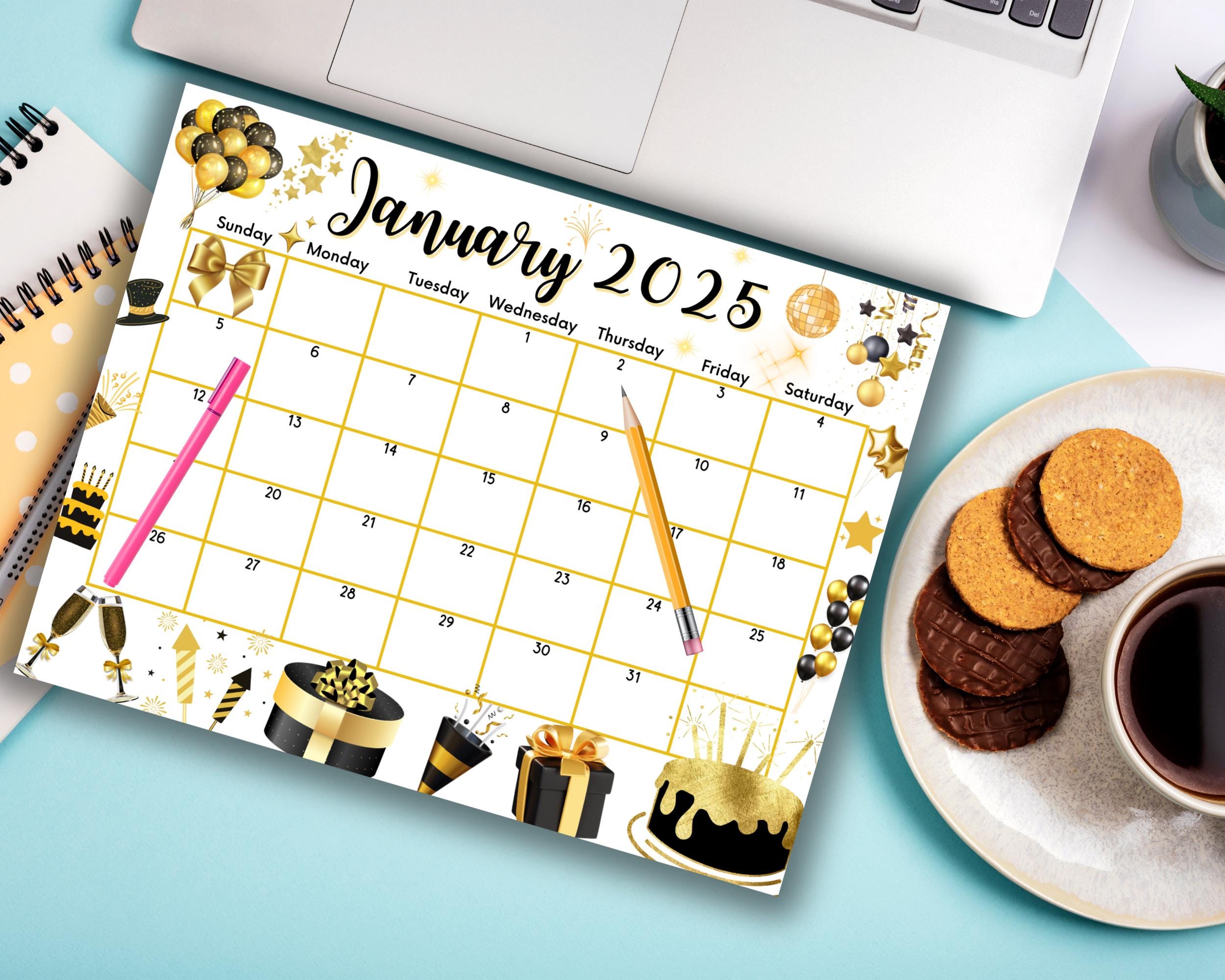Editable Fillable January 2025 Calendar for Happy New Year, Printable