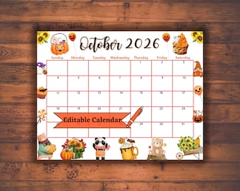 Calendario editable de octubre de 2026 para un feliz Halloween, planificador imprimible de otoño (PDF digital)