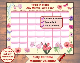 Fully Editable Undated Monthly Calendar with lovely flowers, Fillable Blank Planner, Printable Template agenda, Easy to edit, Digital PDF