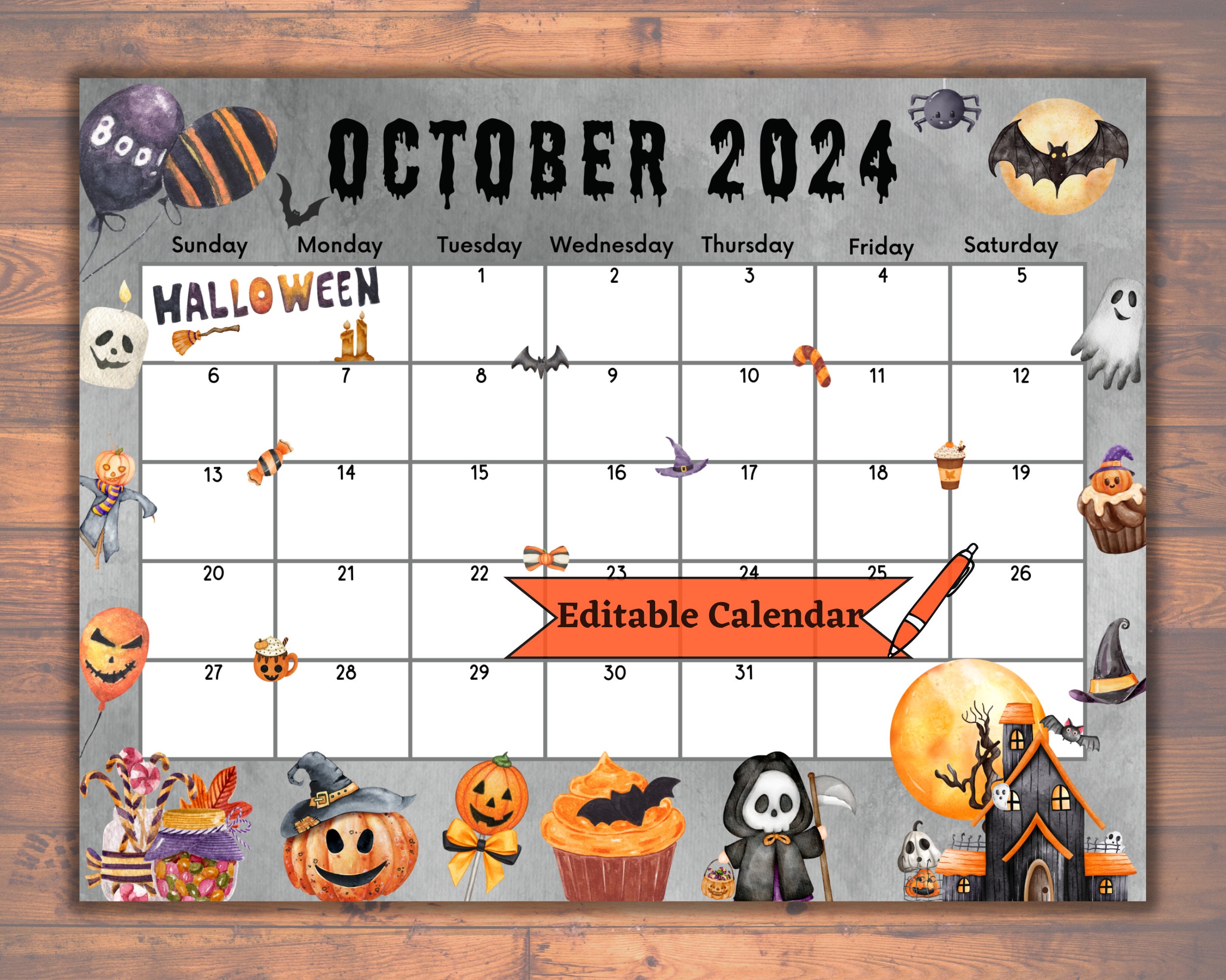 Editable Fillable October 2024 Calendar for Spooky Happy Halloween