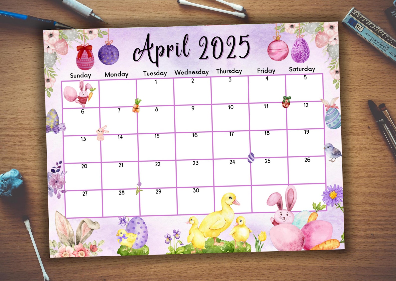 Editable Fillable April 2025 Calendar for Happy Easter With Cute Bunnie ...