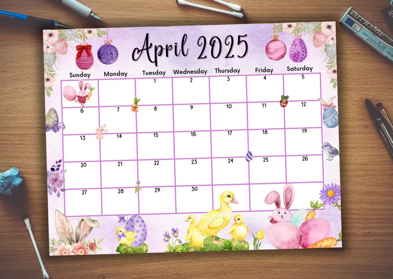 Editable Fillable April 2025 Calendar for Happy Easter With Cute Bunnie & Ducks, Monthly