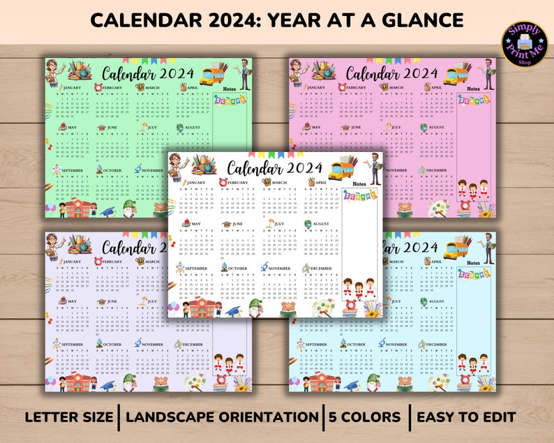 Editable Printable Yearly Calendar 2024 Year at a Glance - Etsy Australia