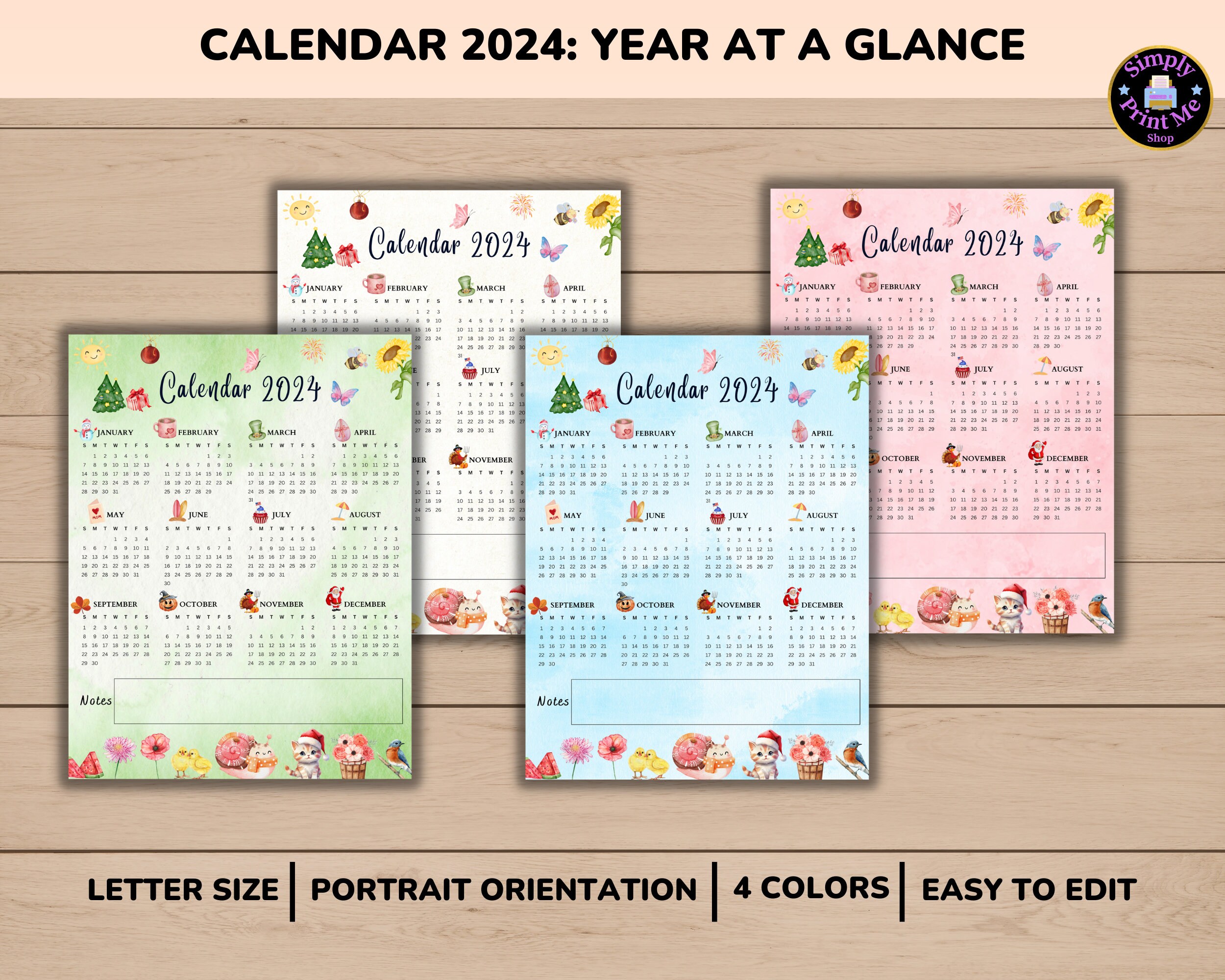 Editable Printable Yearly Calendar 2024 Year at a Glance Etsy Canada