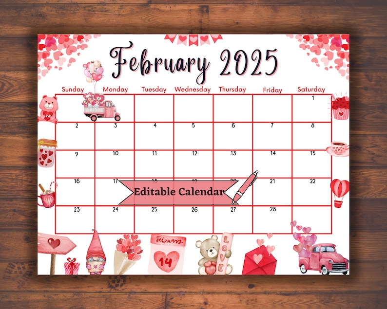Editable Fillable February 2025 Calendar for Valentines Day, Digital Printable Winter Planner