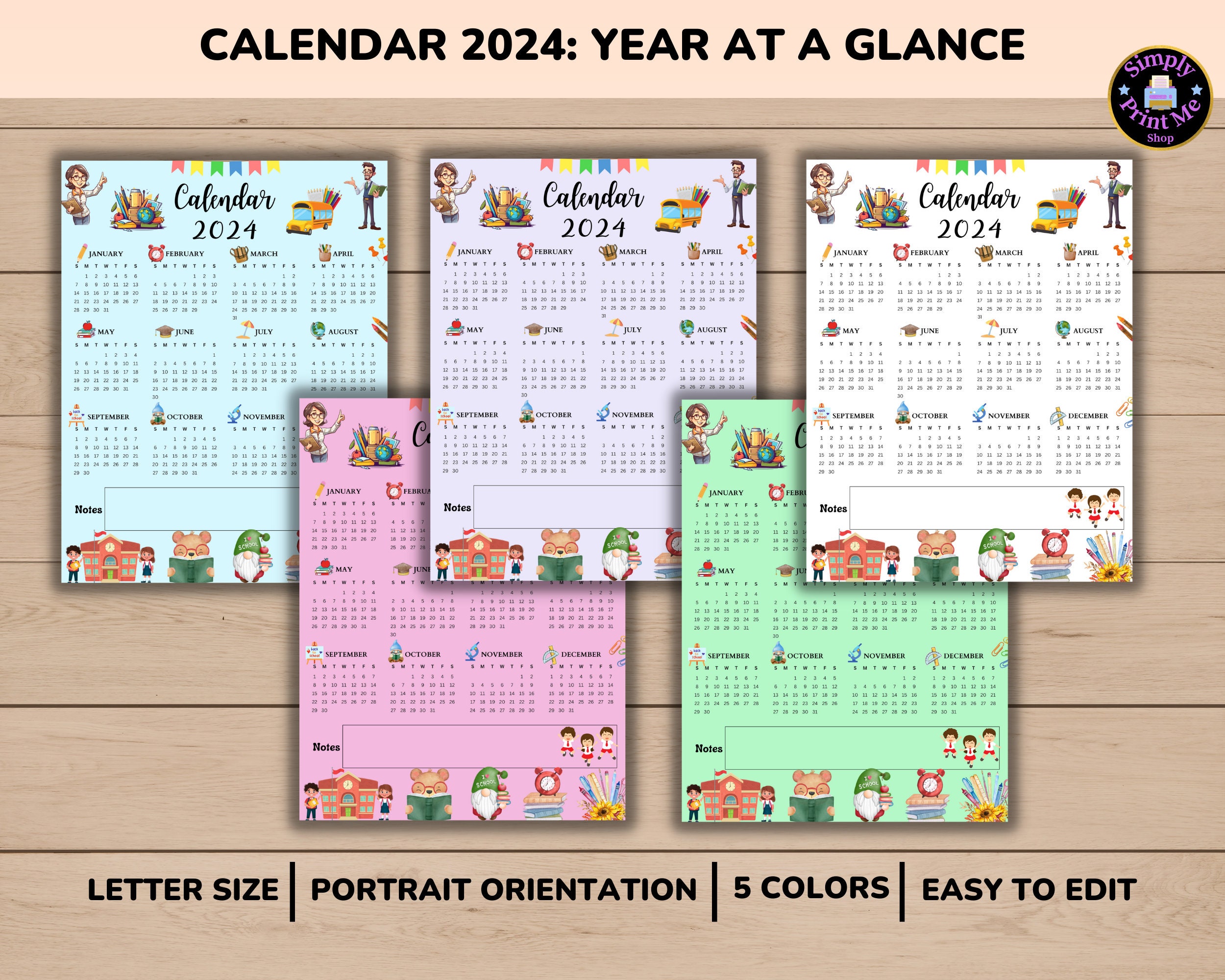 Editable Printable Yearly Calendar 2024, Year at a Glance, Teacher ...