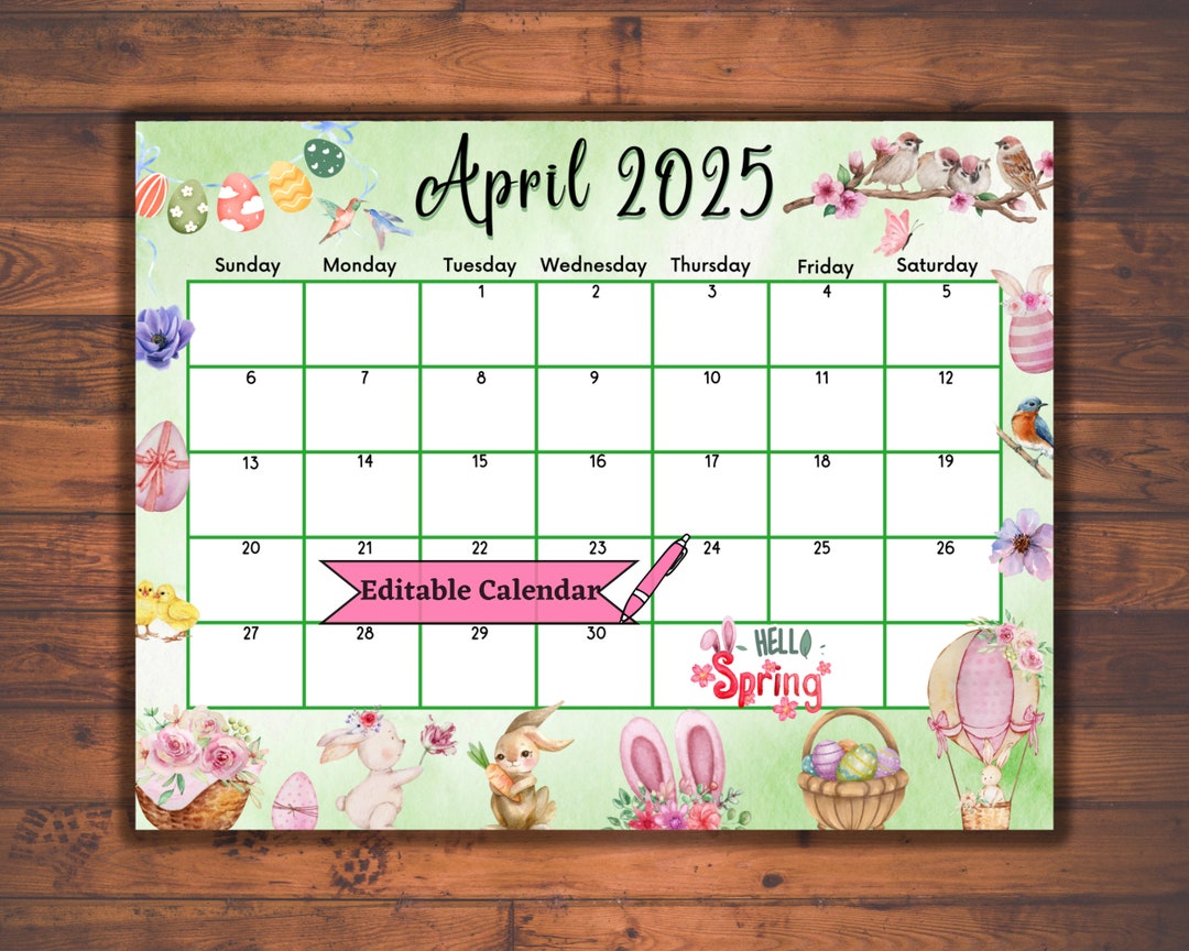 Editable Fillable April 2025 Calendar for Happy Easter, Cute Bunnies