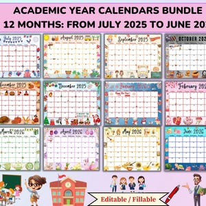 Calendrier scolaire modifiable 2025-2026 de juillet à juin, agenda de classe imprimable à remplir, lot de 12 mois, programme numérique mensuel pour enfants