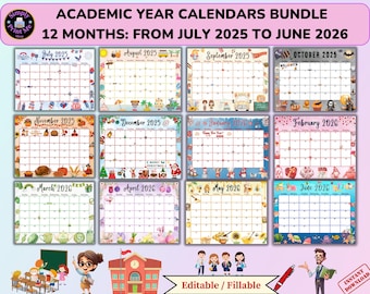 Editable School Calendar 2025-2026 from July to June, Printable Fillable Classroom Planner, 12 Month Bundle, Digital Monthly Kids Schedule