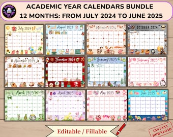 Editable School Calendar 2024-2025 from July to June, Printable Fillable Classroom Planner, 12 Month Bundle, Digital Monthly Kids Schedule