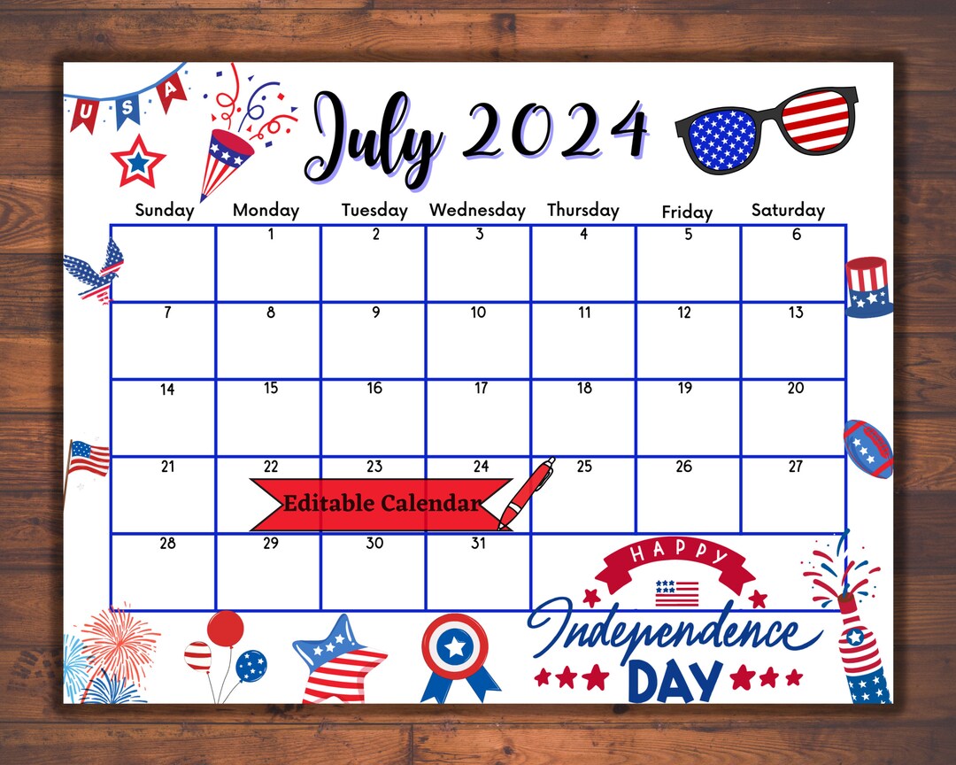 Buy Editable Fillable July 2024 Calendar for Happy 4th July