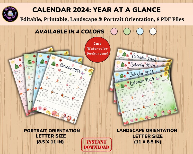 Editable Printable Yearly Calendar 2024, Year at a Glance, Year