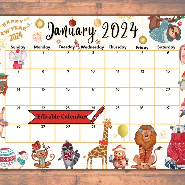 Editable Fillable January 2024 Calendar for Happy New Year, Joyful Winter planner, Lovely Celebration ornaments, Funny Animals, Printable