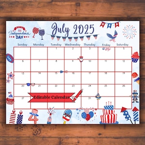 Editable Fillable July 2025 Calendar for 4th July Independence Day, Joyful Summer Planner for Kids, Printable, Easy to use, Instant Download