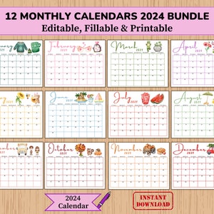 Calendario mensual editable de acuarela 2024, 12 meses, minimalista, imprimible y rellenable, tamaño carta horizontal, impresión digital.