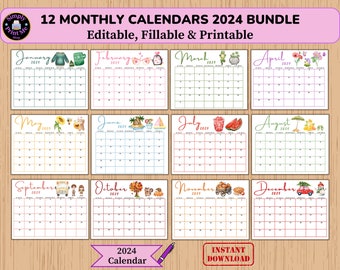 2024 EDITABLE Monthly watercolor Calendar Bundle, 12 Month, Minimalist Cute Printable Fillable Planner, Landscape Letter Size, Digital Print