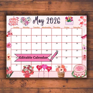 Calendrier PDF de mai 2026 modifiable à remplir pour la fête des mères avec des fleurs, agenda de printemps imprimable : agenda de classe facile à utiliser