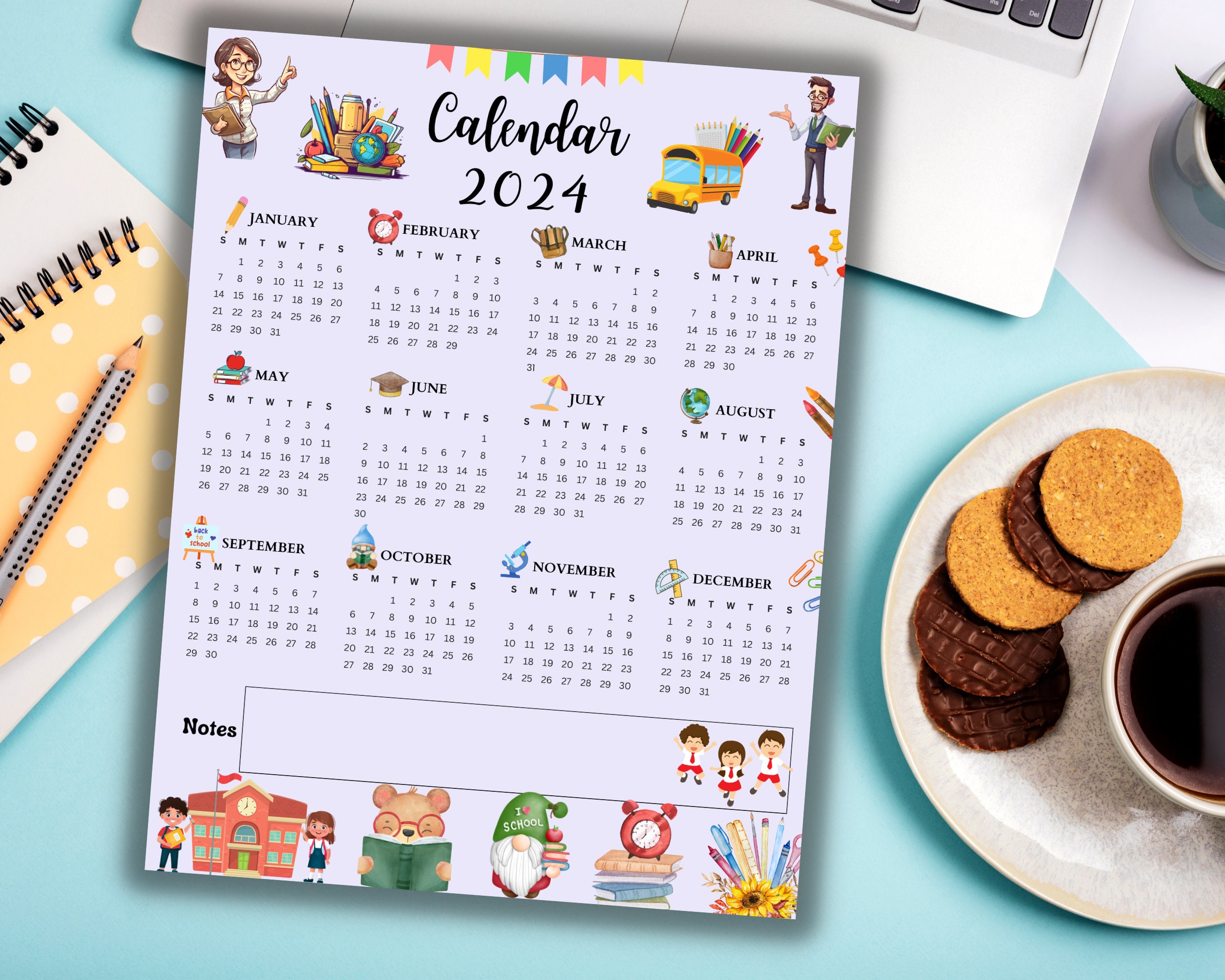 Editable Printable Yearly Calendar 2024, Year at a Glance, Teacher ...
