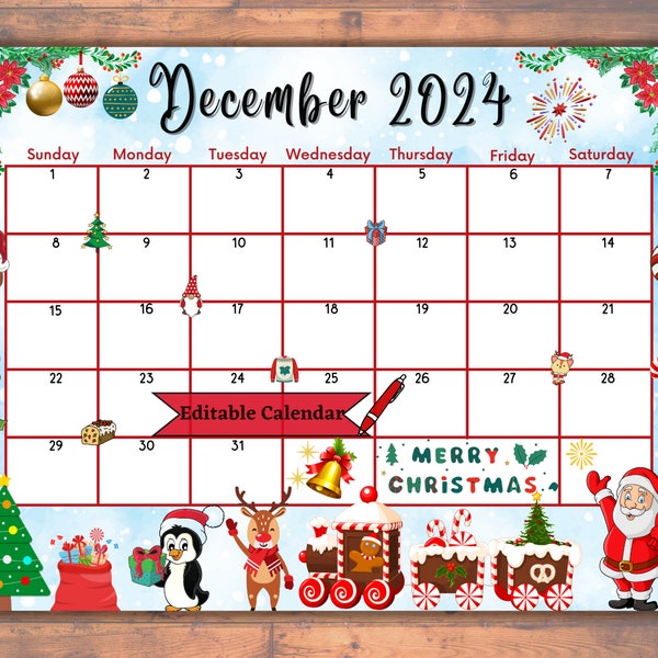 Editable Fillable December 2024 Calendar for Merry Christmas with Colorful Ornaments, Cute Winter Animals, Printable Classroom Planner, PDF