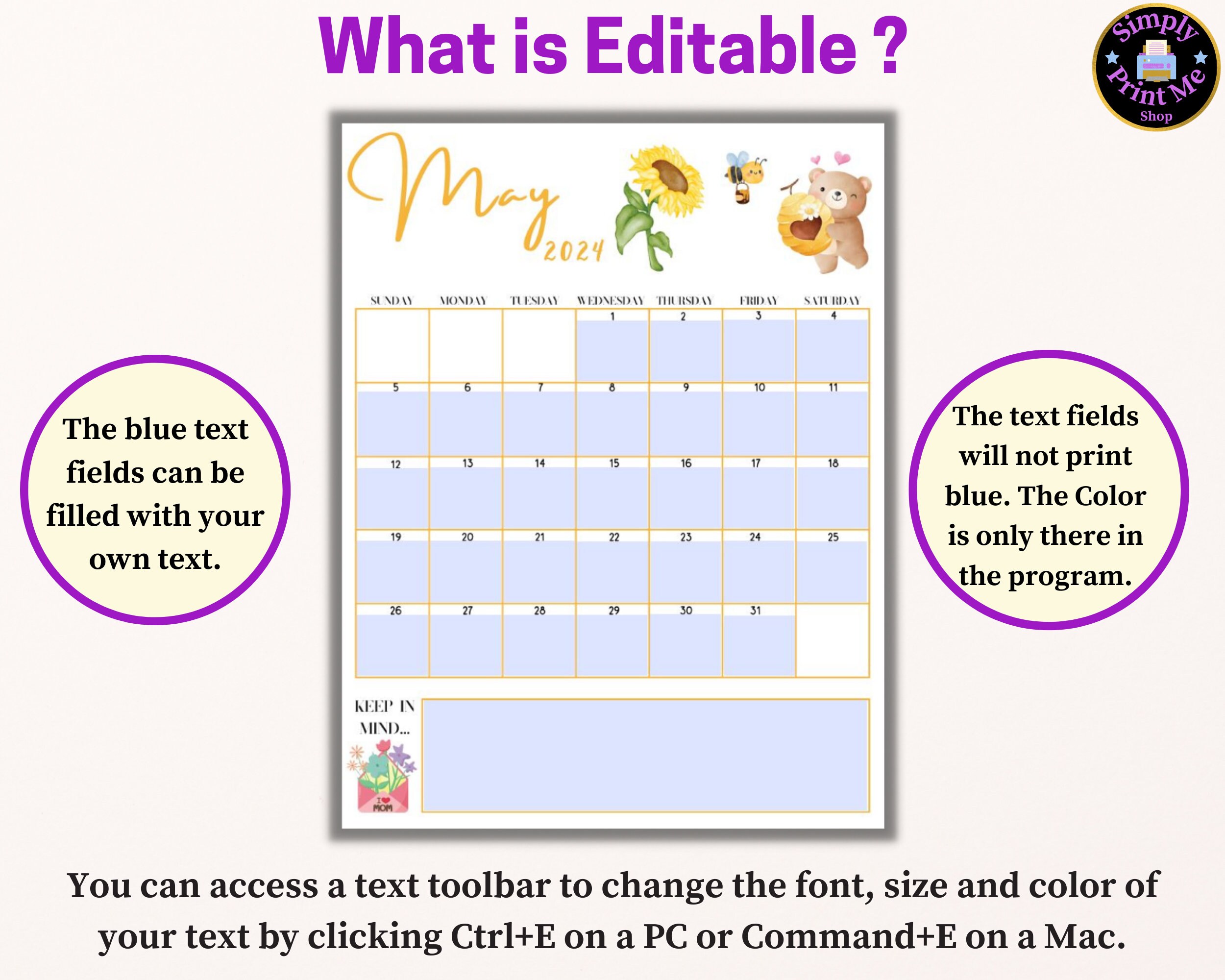 Editable may 2024 calendar printable classroom planner landscape