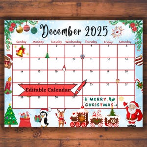 Bearbeitbarer befüllbarer Dezember 2025 Kalender für frohe Weihnachten mit bunten Verzierungen, niedlichen Wintertieren, druckbarer Klassenzimmerplaner, PDF