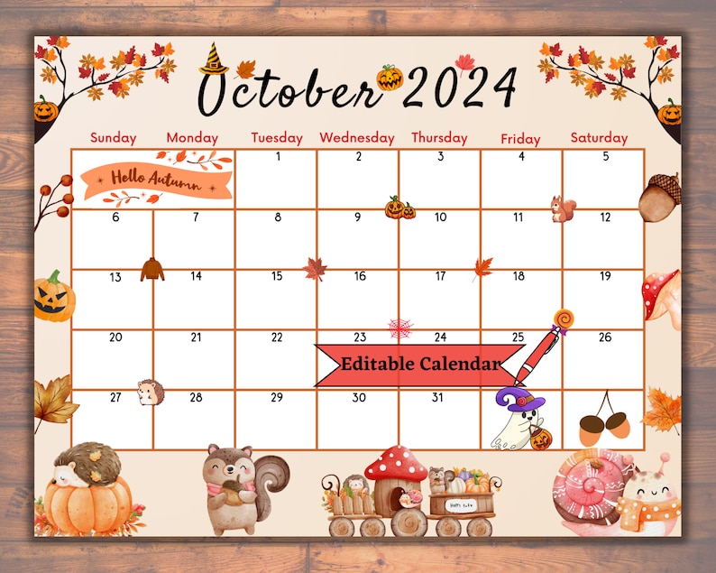 Editable Fillable October 2024 Calendar for Autumn, Fall, Happy