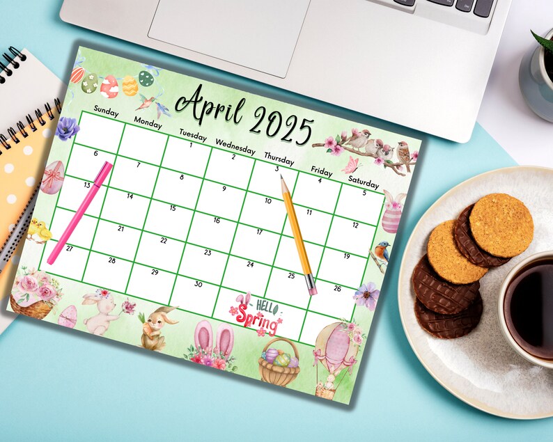 Editable Fillable April 2025 Calendar for Happy Easter, Cute Bunnies