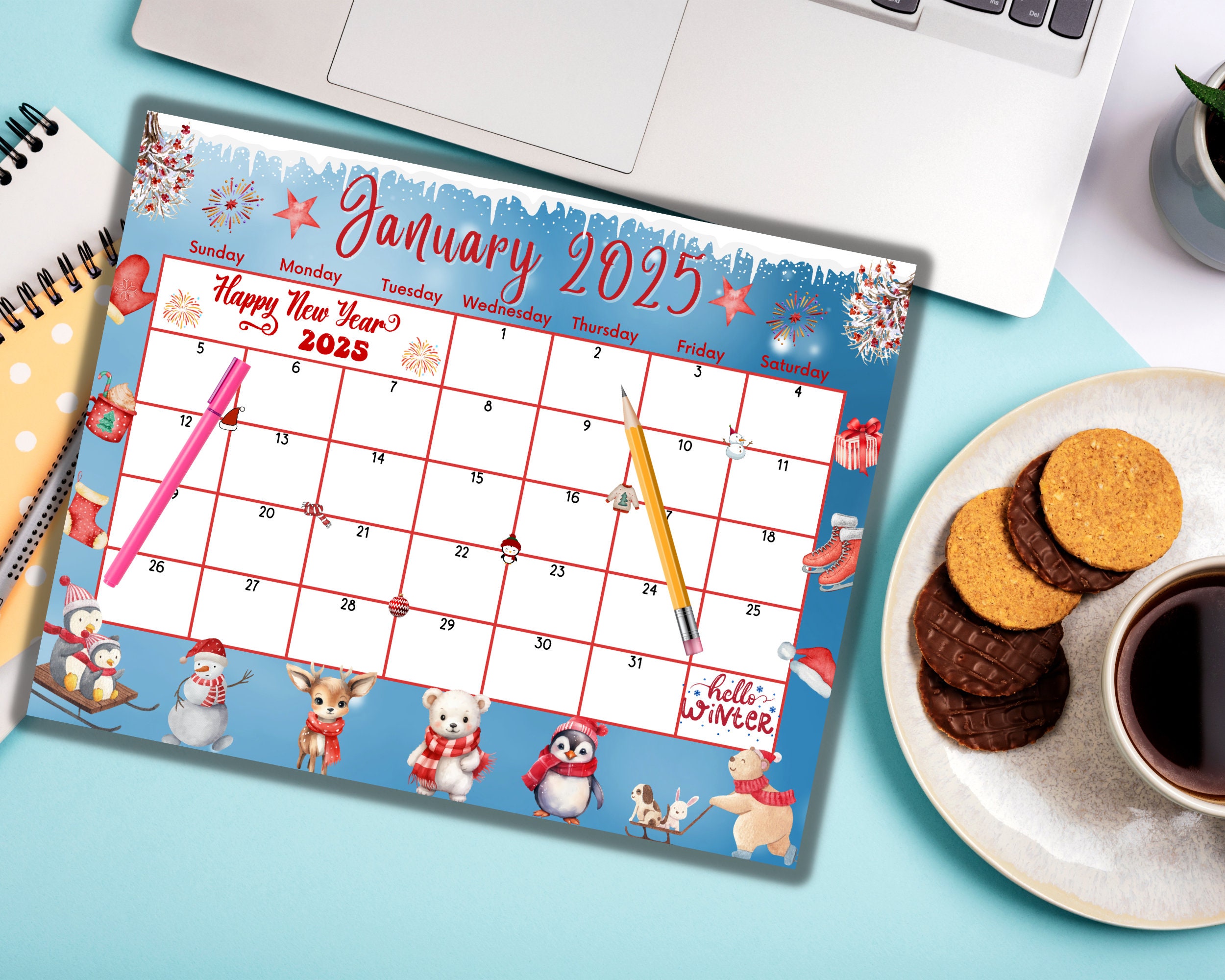 Editable Fillable January 2025 Calendar for Happy New Year Celebration, Cute Animals, Snowman