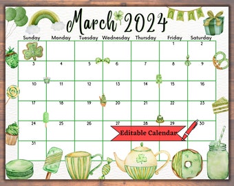 Editable March 2024 Calendar, Fillable, Printable, St. Patrick's Day, watercolor Design, Delicious Sweets, Kids Spring Planner, Easy to use