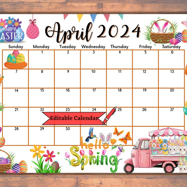 Editable Fillable April 2024 Calendar for Happy Easter with Colorful eggs & Butterflies, Printable Spring Planner, Classroom Kid agenda, PDF