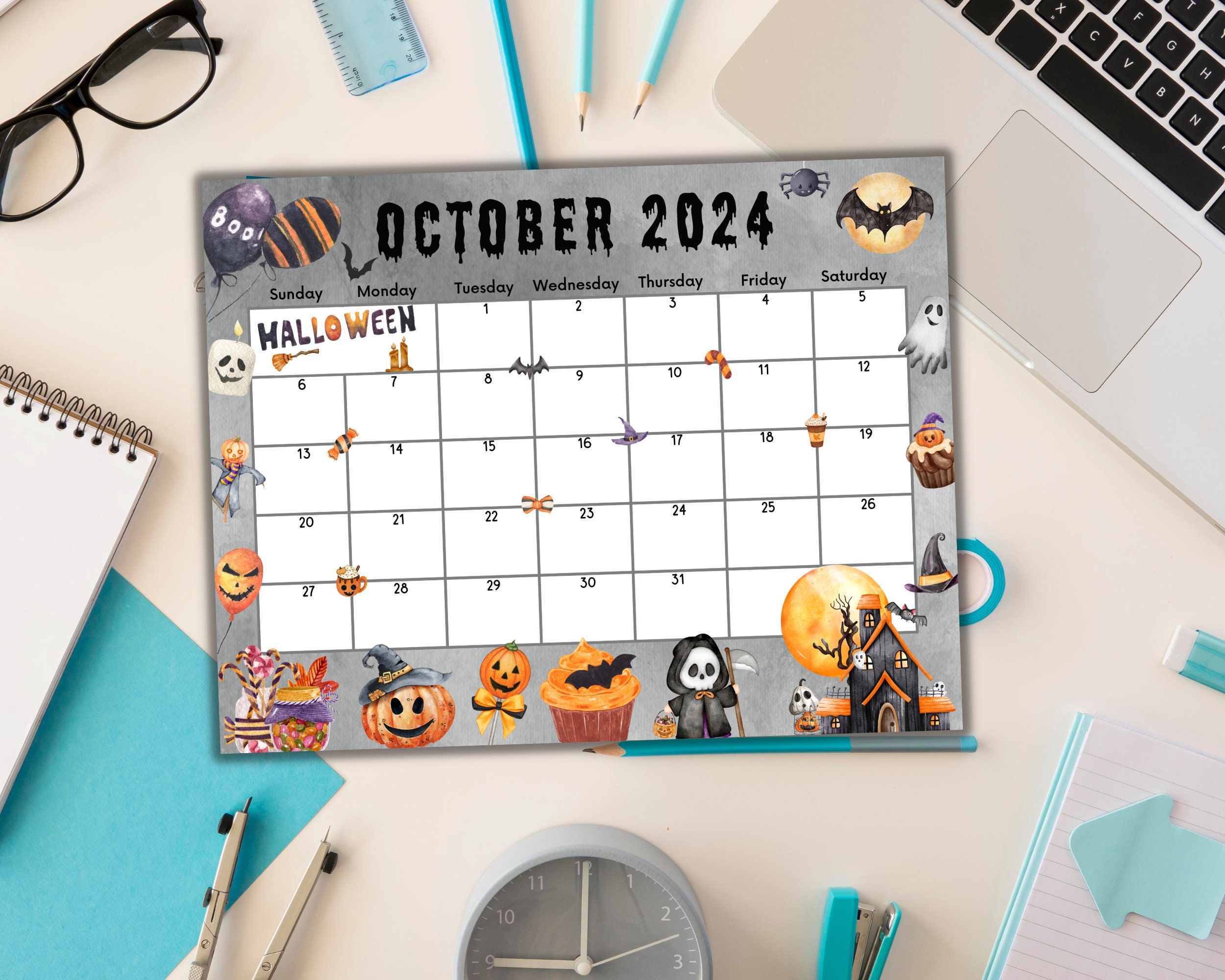 Editable Fillable October 2024 Calendar for Spooky Happy Halloween