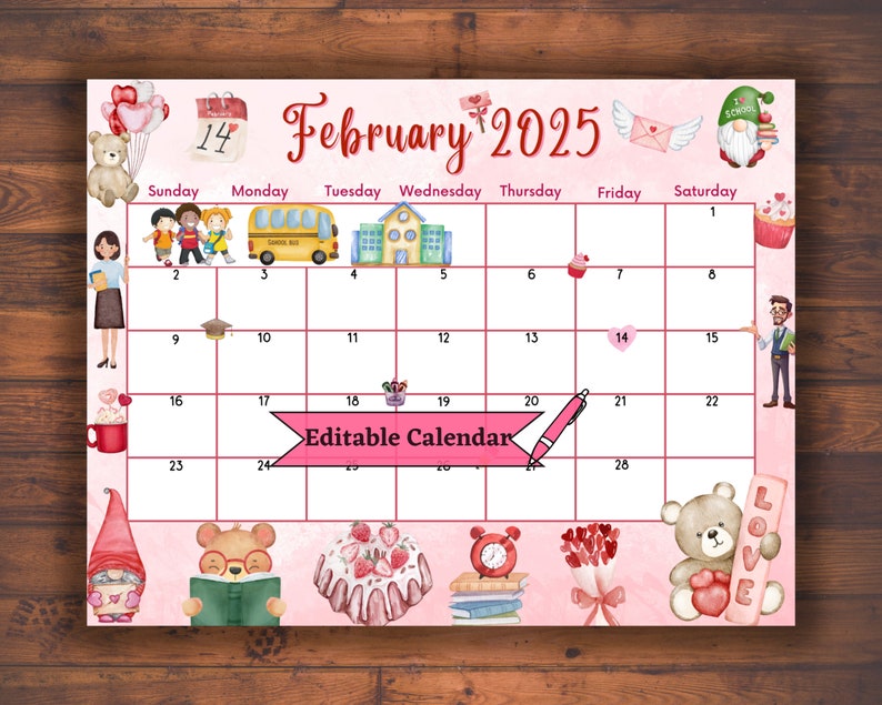 Editable Fillable February 2025 Calendar for Valentines Day, Printable Teacher Planner With