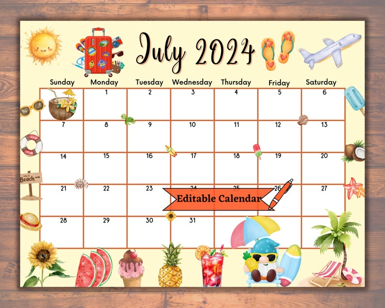 Editable Fillable July 2024 Calendar for Joyful Summer, Relaxing