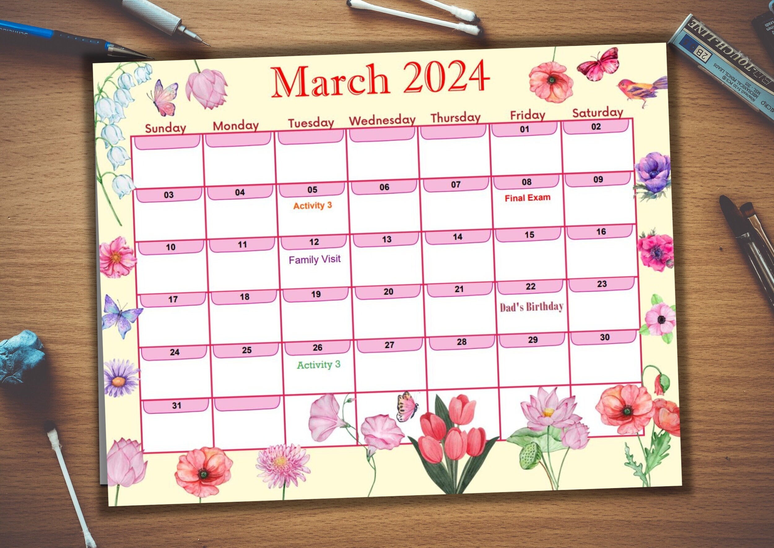 Fully Editable Undated Monthly Calendar With Lovely Flowers, Fillable ...
