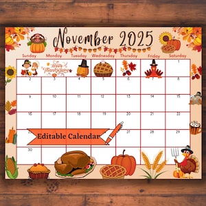 Editable Fillable November 2025 Calendar for Happy Thanksgiving, Printable kids Planner with Lovely Food & Turkey, Autumn, Fall, Digital PDF