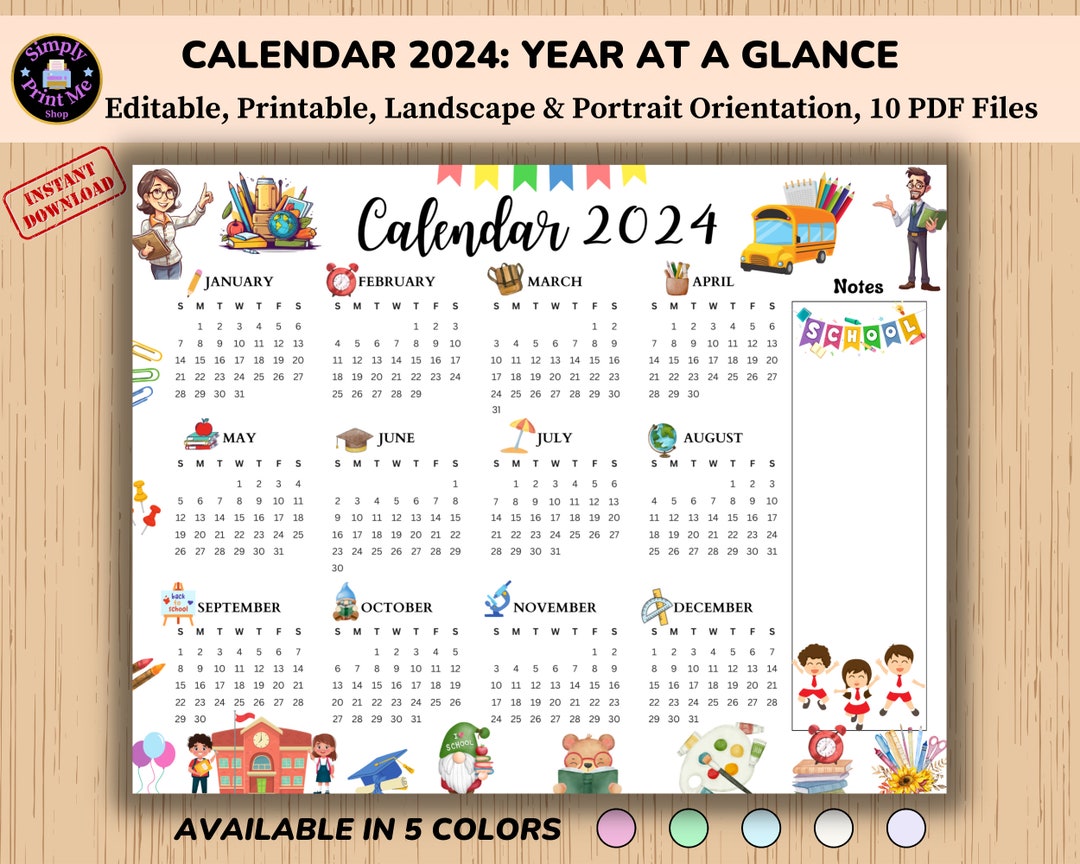 Editable Printable Yearly Calendar 2024, Year at a Glance, Teacher ...