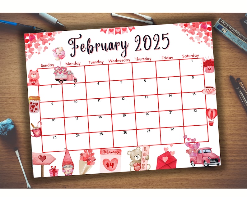 Editable Fillable February 2025 Calendar for Valentines Day, Digital