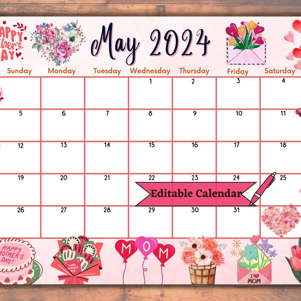 Editable Fillable May 2024 Calendar for Mother's Day with Cute Flowers, Spring Planner for Kids, Printable, Easy to use, Instant Download