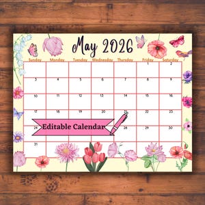 Bearbeitbarer befüllbarer Kalender für Mai 2026 zum Muttertag: Einfach zu verwendender druckbarer Frühlingsplaner