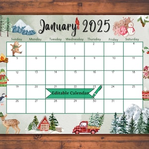 Editable January 2025 Calendar for Happy Winter, New Year 2025, Trees and Snow, Kids & Family Planner, Printable, Easy to use, Fillable PDF
