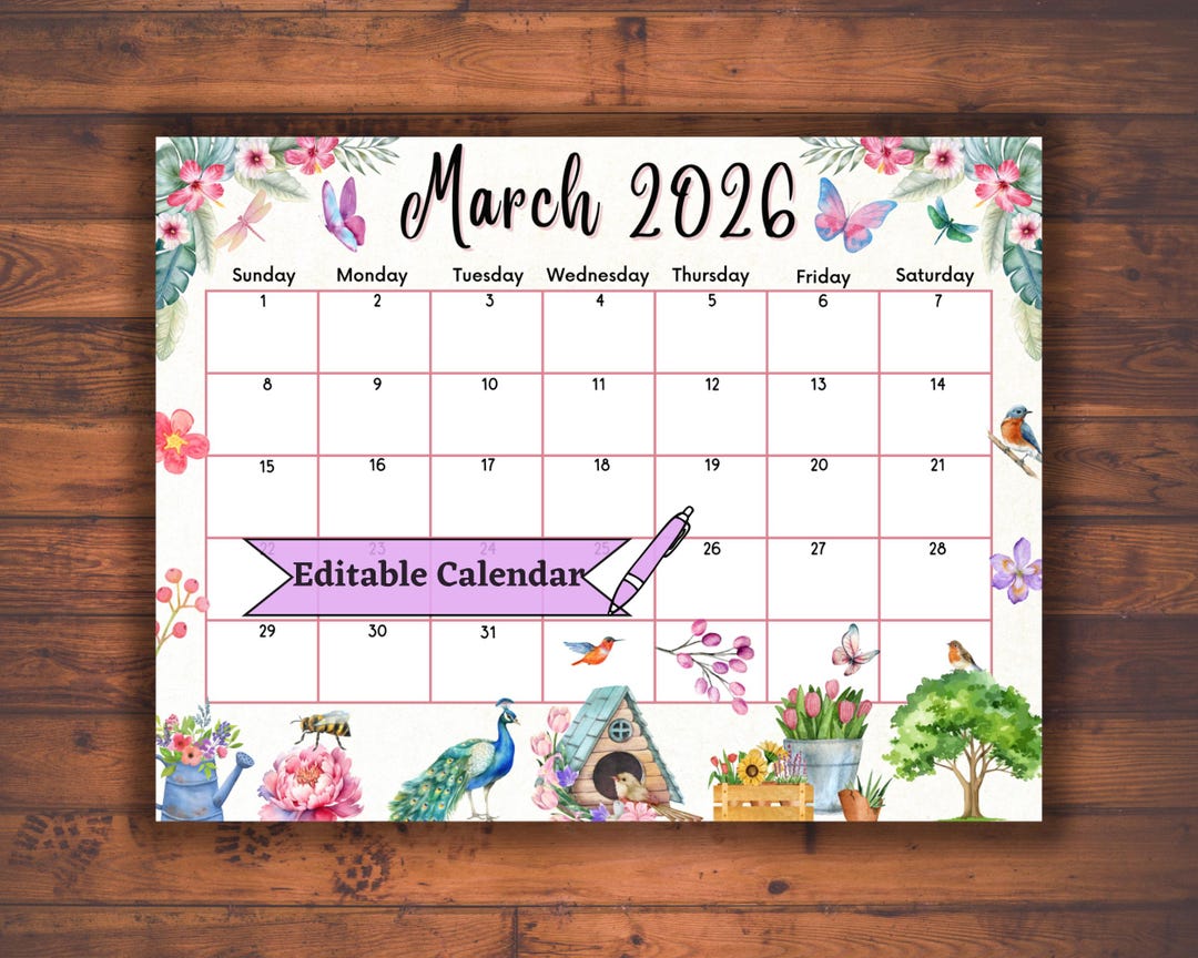 Editable Fillable March 2026 Calendar for Joyful and Colorful Spring ...